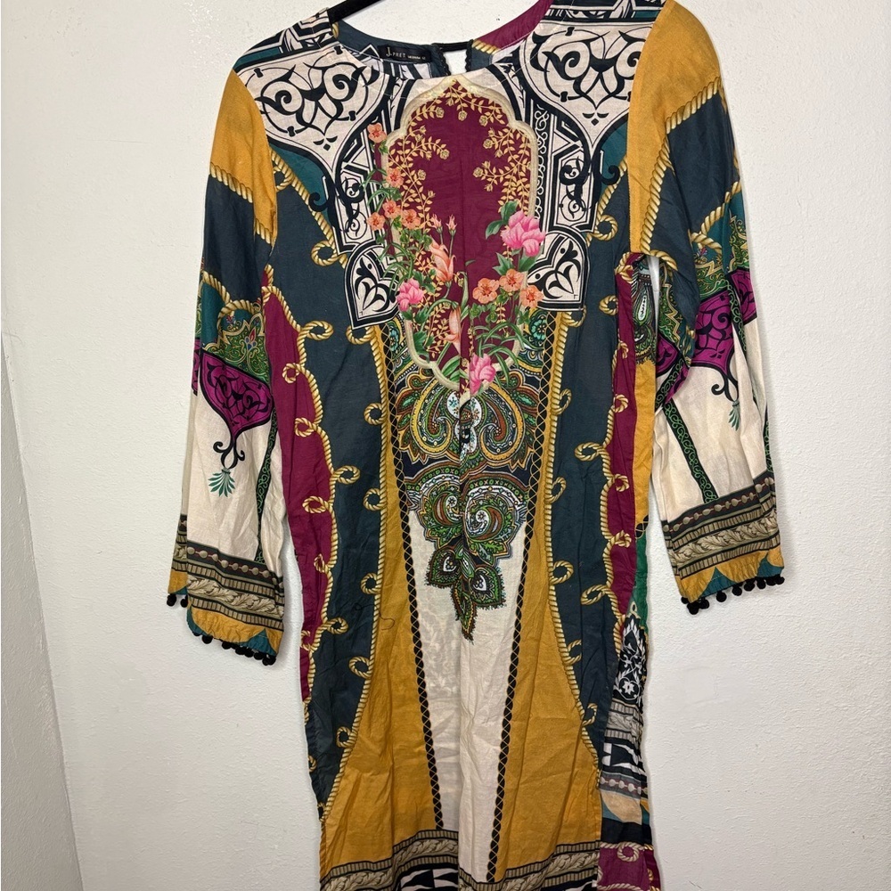 J. Pret Bohemian Floral Print Tunic Dress in Mustard, Teal & Burgundy Size Mediu